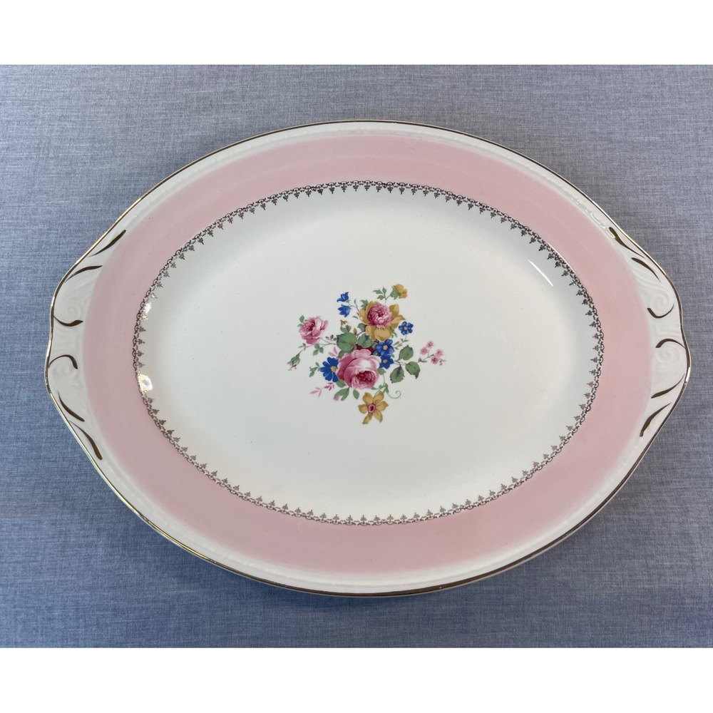 Homer Laughlin Eggshell Georgian Pink Floral Oval‎ Serving Platter Gold Trim